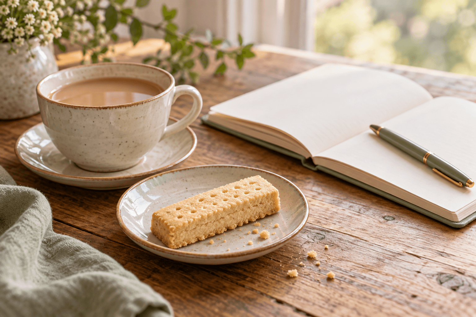 A shortbread finger with a cup of tea and an open notebook