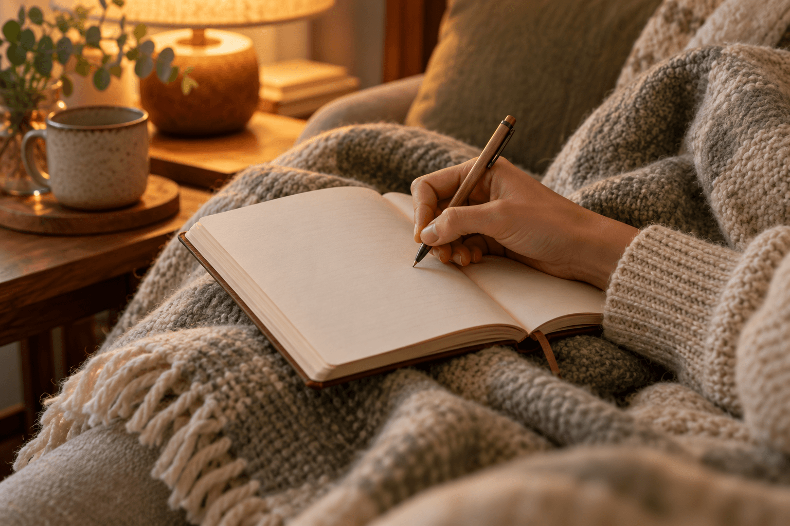 A hand writing intentions in a journal under a warm lamp, with a wool blanket nearby