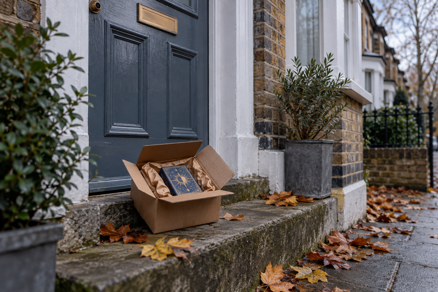 An opened parcel with a tarot deck box inside, sitting on a front doorstep in autumn.