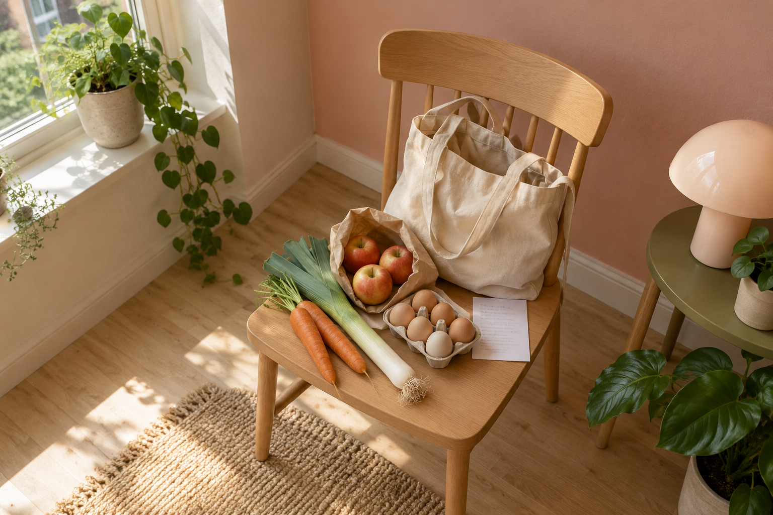 A canvas tote bag with a few loose groceries and a short shopping list, shopping for one without overbuying.