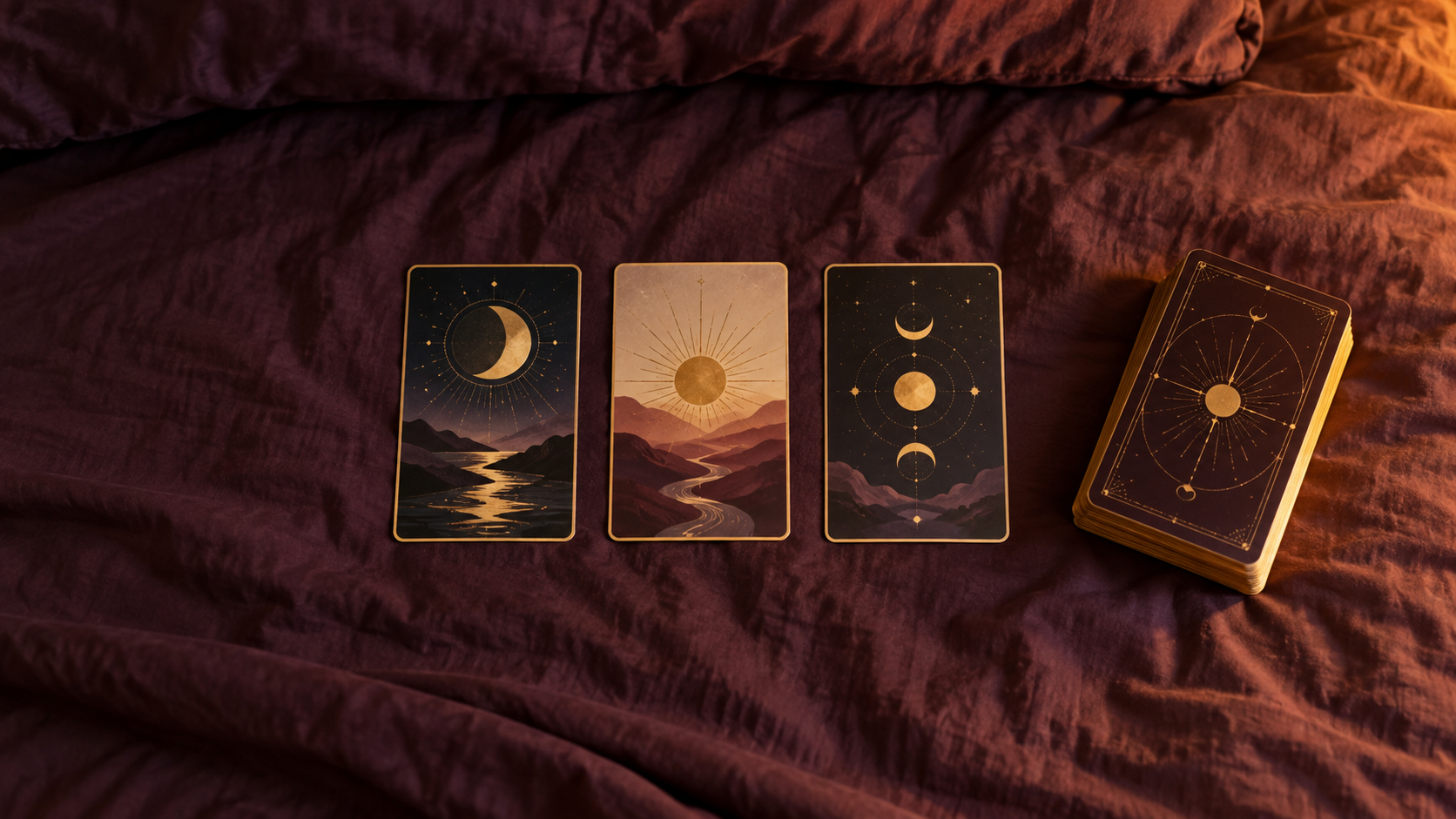 Three tarot cards in a row on a plum bedspread next to a gold-edged deck, lit by an evening lamp.
