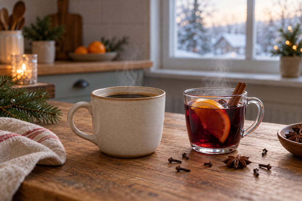 Morning coffee and a mug of alcohol-free mulled wine on a calm Christmas morning
