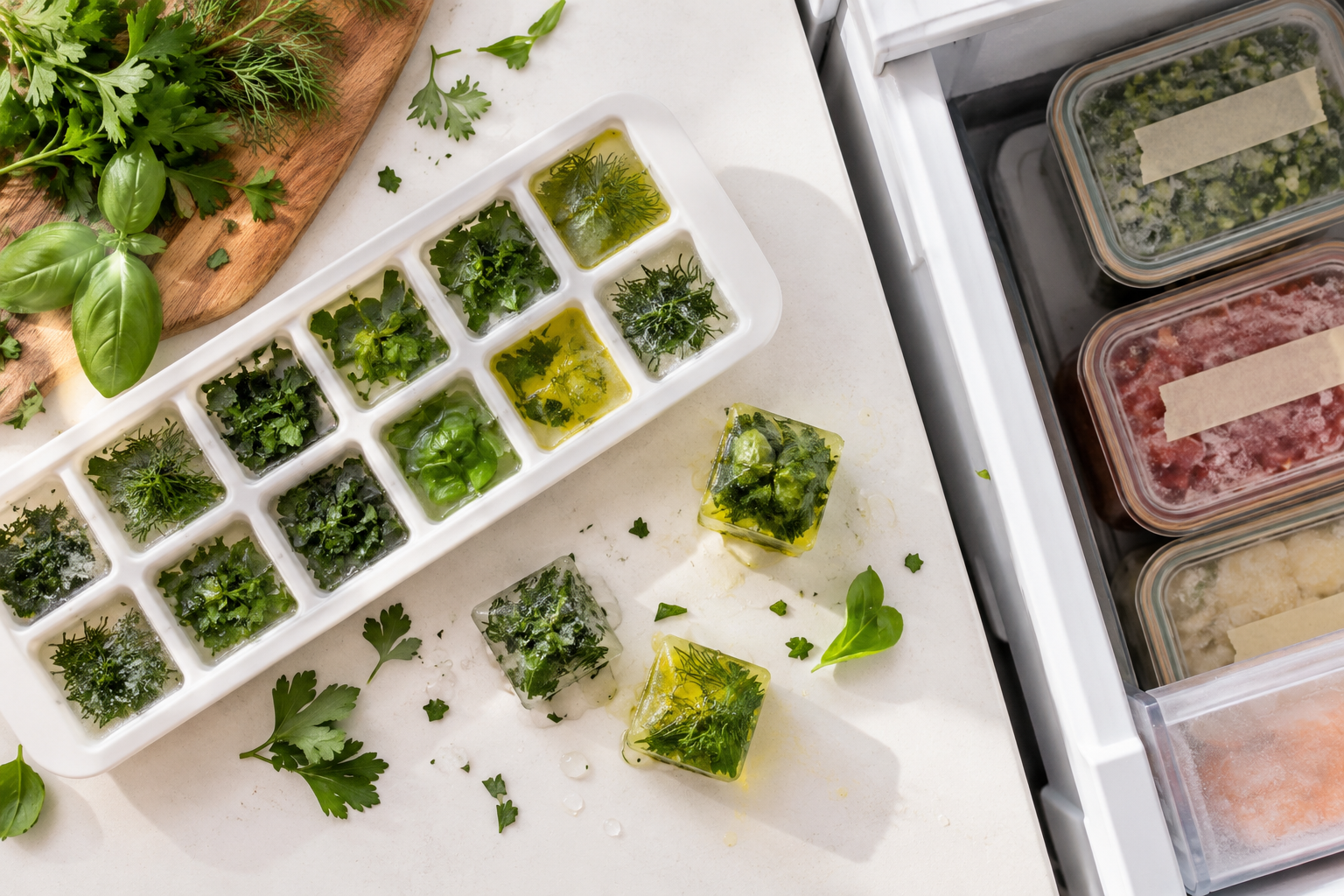 Chopped fresh herbs frozen in an ice cube tray, an easy way to stop herbs going to waste.