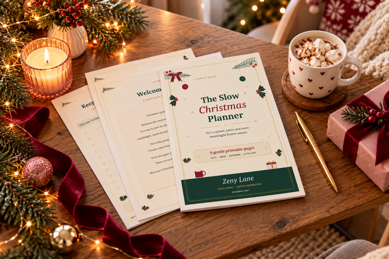 Printed Slow Christmas Planner pages on a festive wooden table