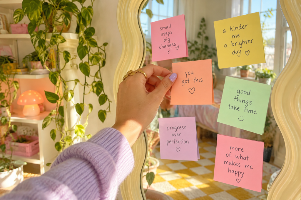 A hand with pastel nails sticking colourful sticky notes on a wavy mirror in a bright bedroom