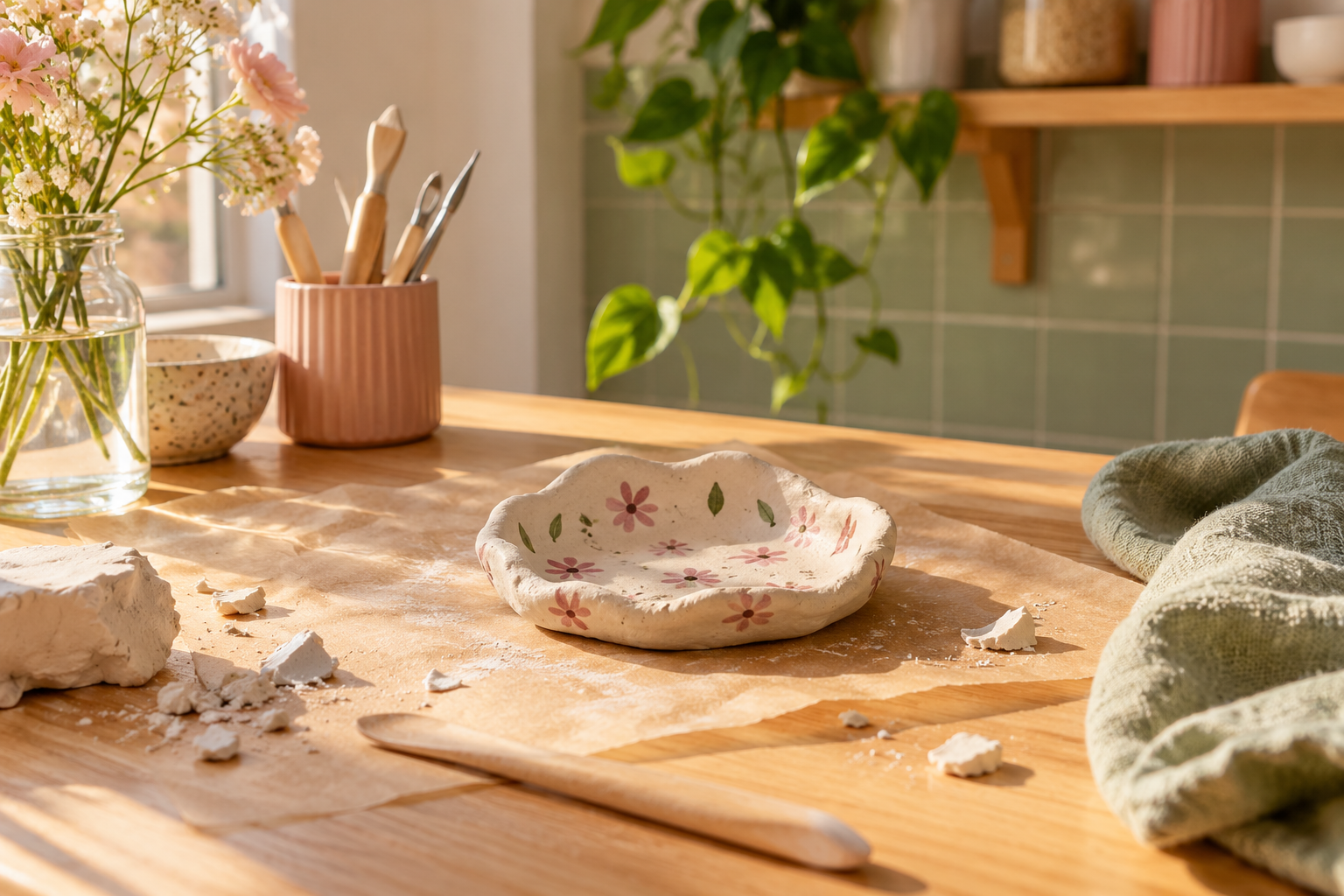 Small, slightly uneven handmade clay dish drying on baking paper on a kitchen table