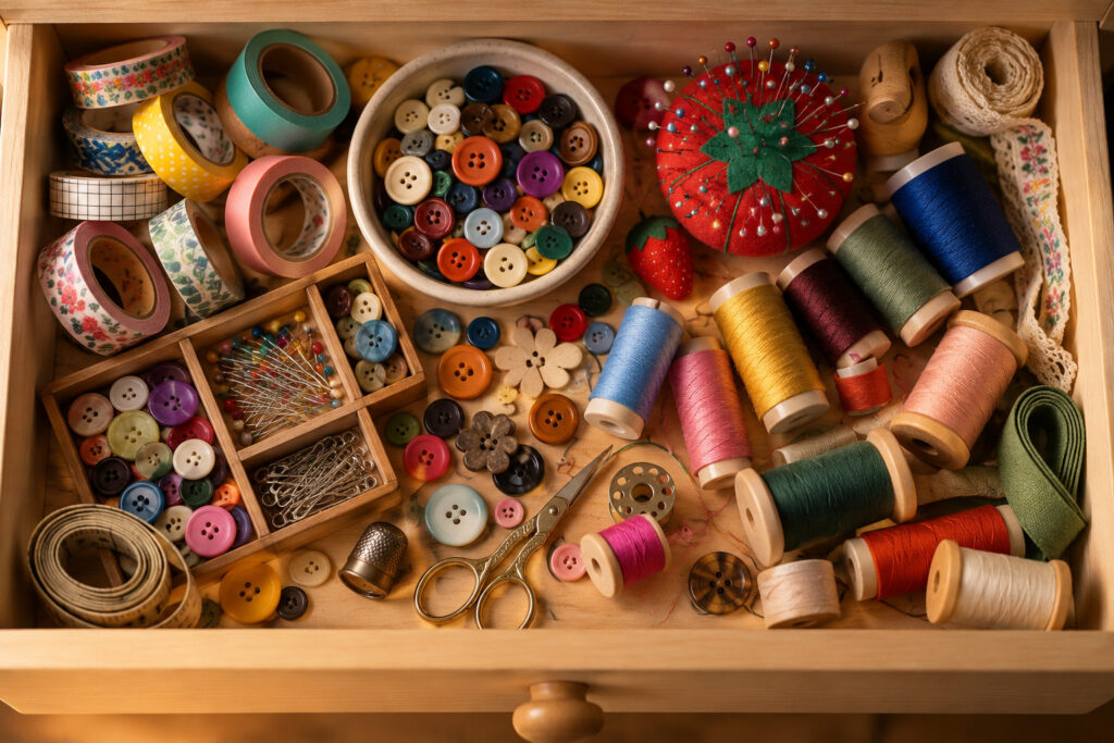 Drawer full of tape rolls and sewing supplies