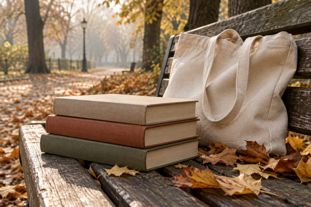 Library books and a canvas bag on a park bench in autumn