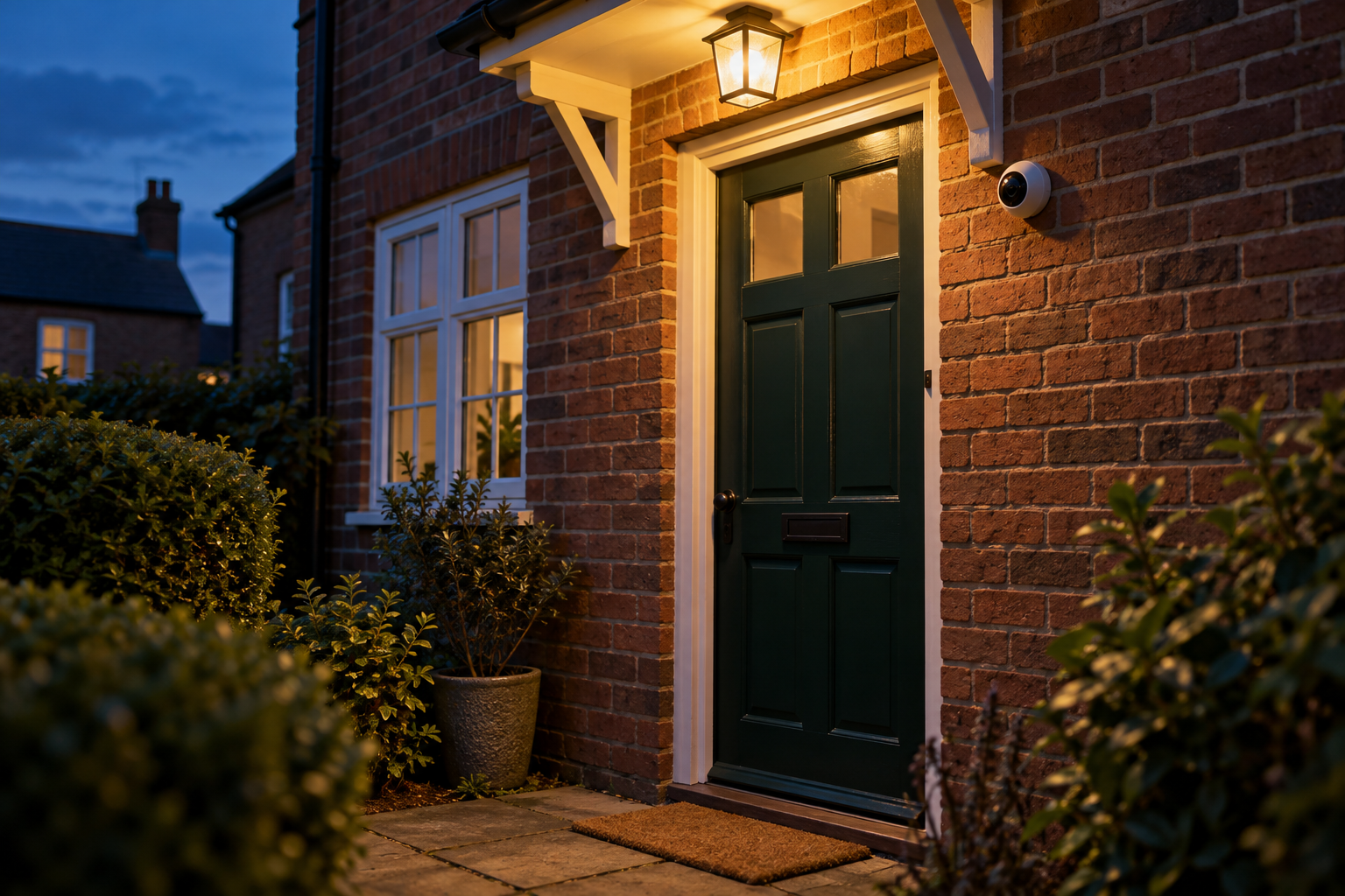 Front door with a small camera lit by a porch light at dusk