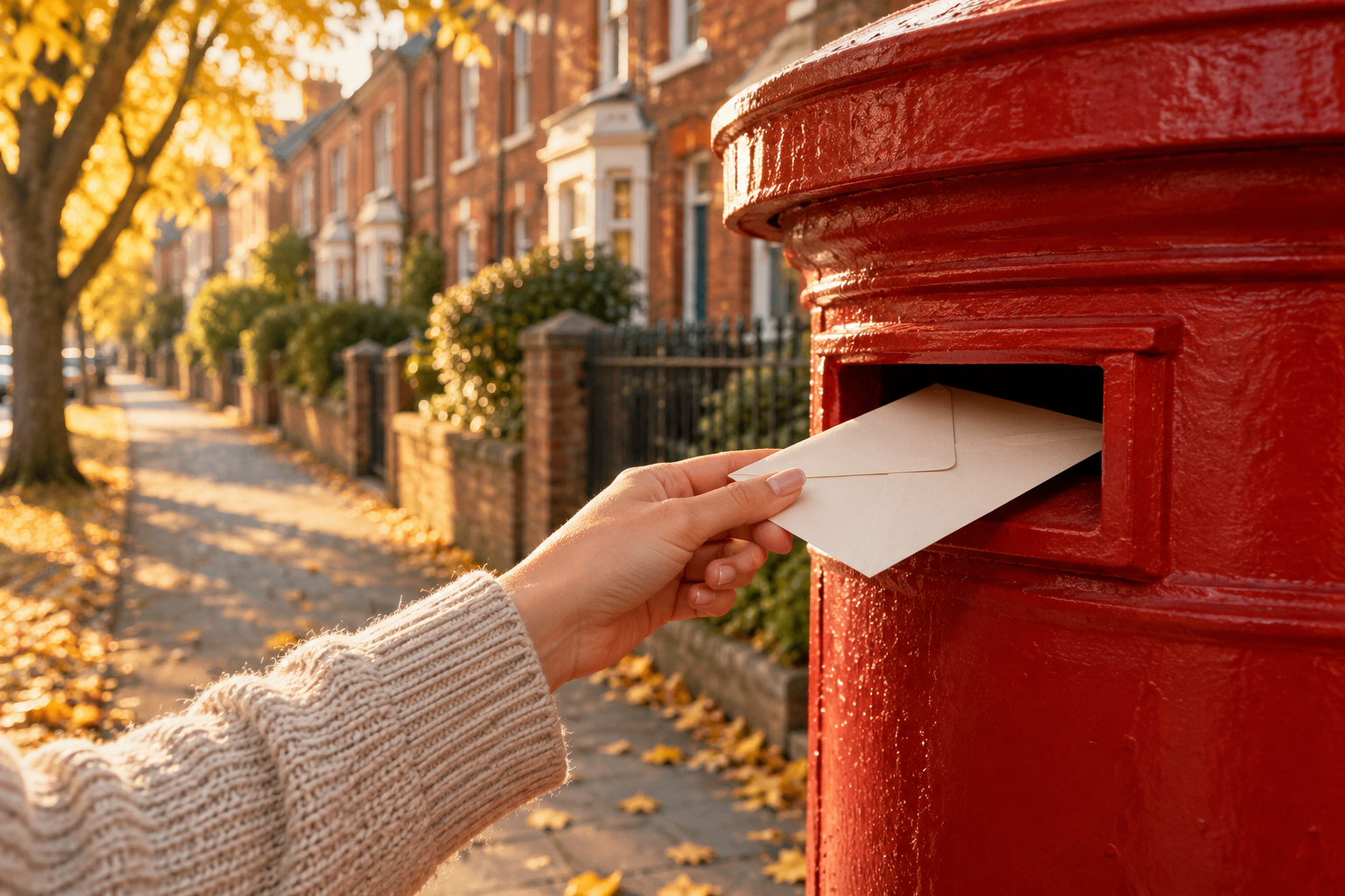 A hand posting a letter into a red post box on an autumn street