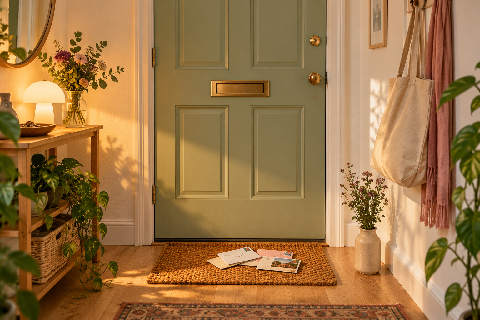 Letters and a postcard on a doormat below a letterbox in a small hallway