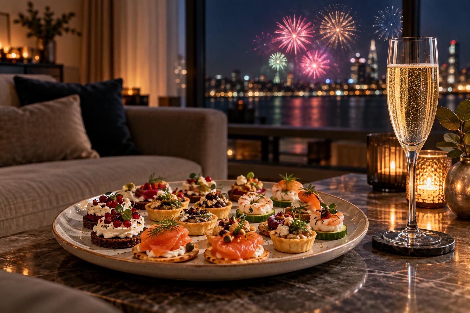 A plate of homemade canapés on New Year's Eve with fireworks outside the window