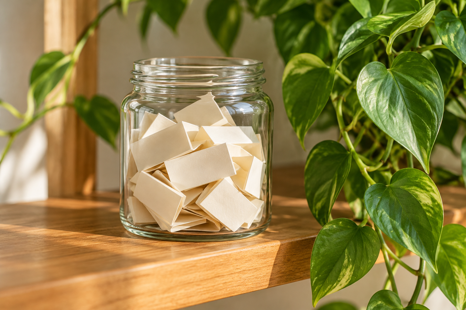 Glass jar of folded paper slips on a wooden shelf