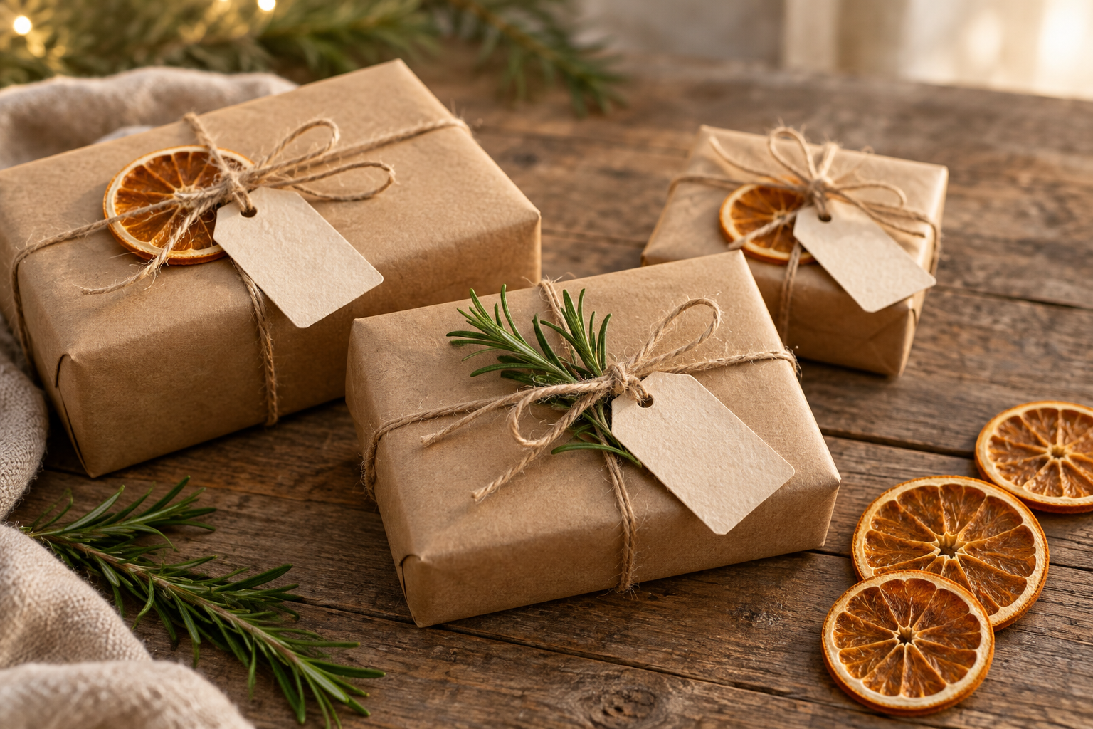 Simple brown paper Christmas gifts with handwritten tags