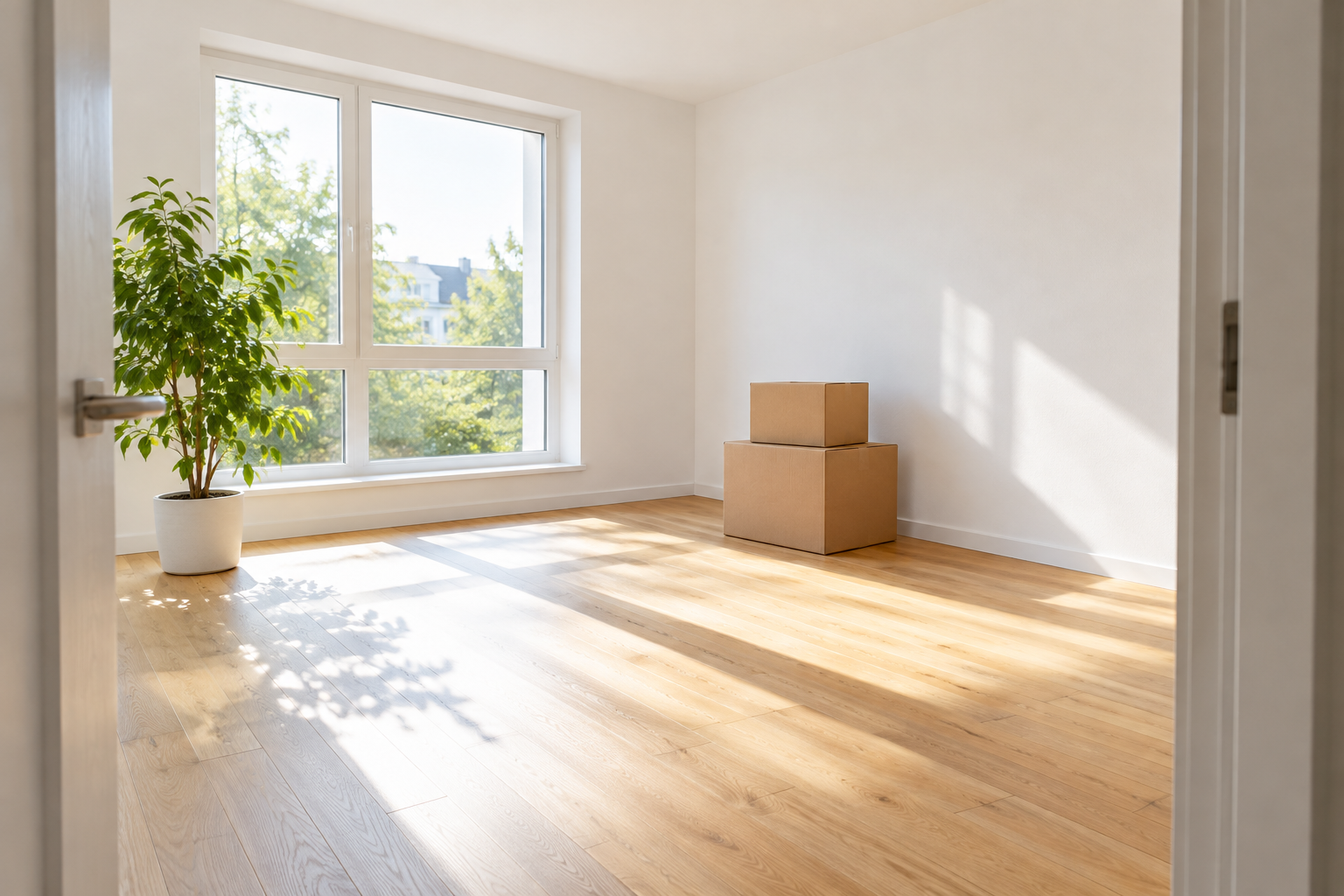 Bright small living room with a plant and a few moving boxes on moving day