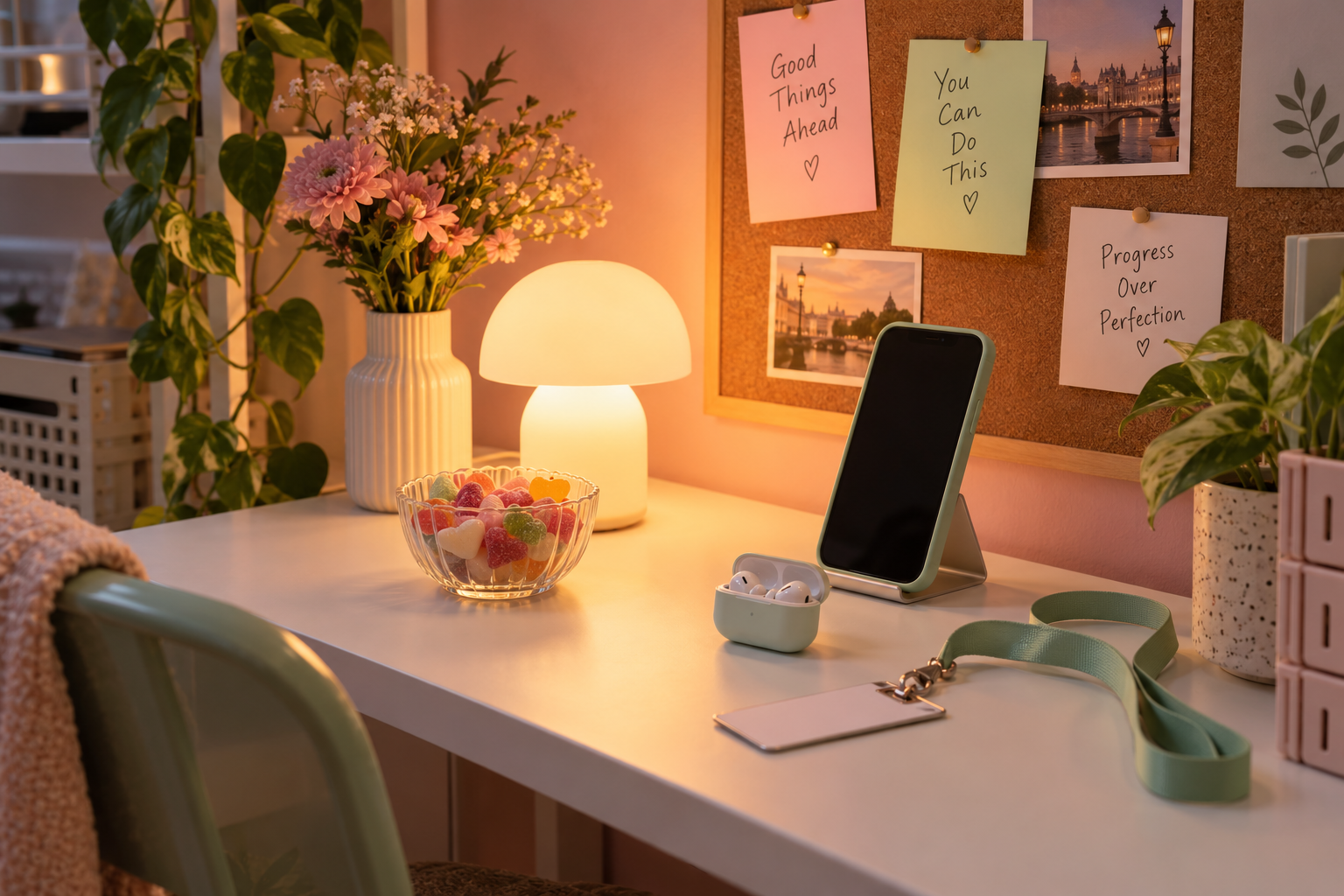 A small desk in the evening with a phone in a pastel case, wireless earbuds and a bowl of colourful sweets after a long working day