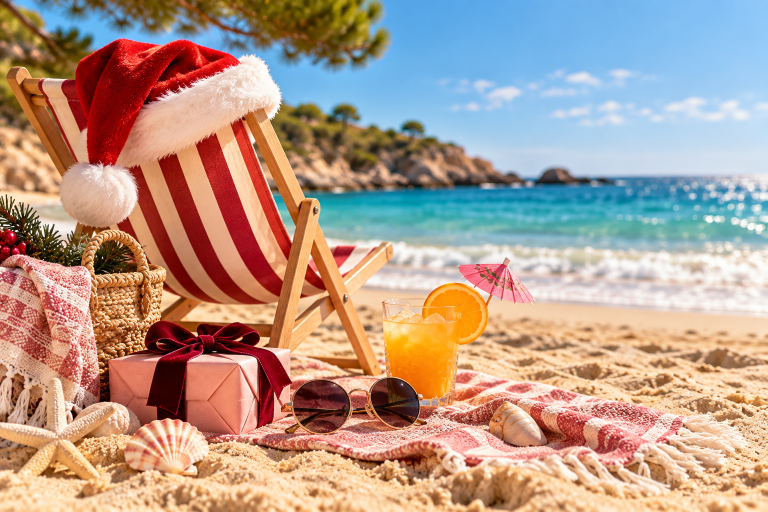 Santa hat on a striped deck chair beside the sea