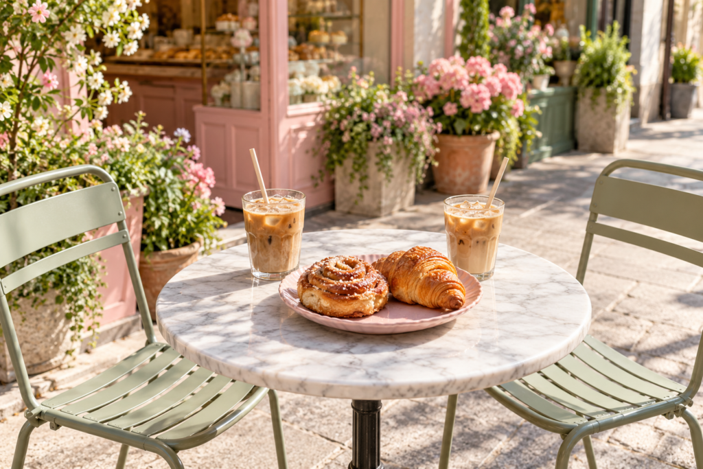 A sunny outdoor café table for two with iced coffees and a plate of pastries, ready for catching up with a friend