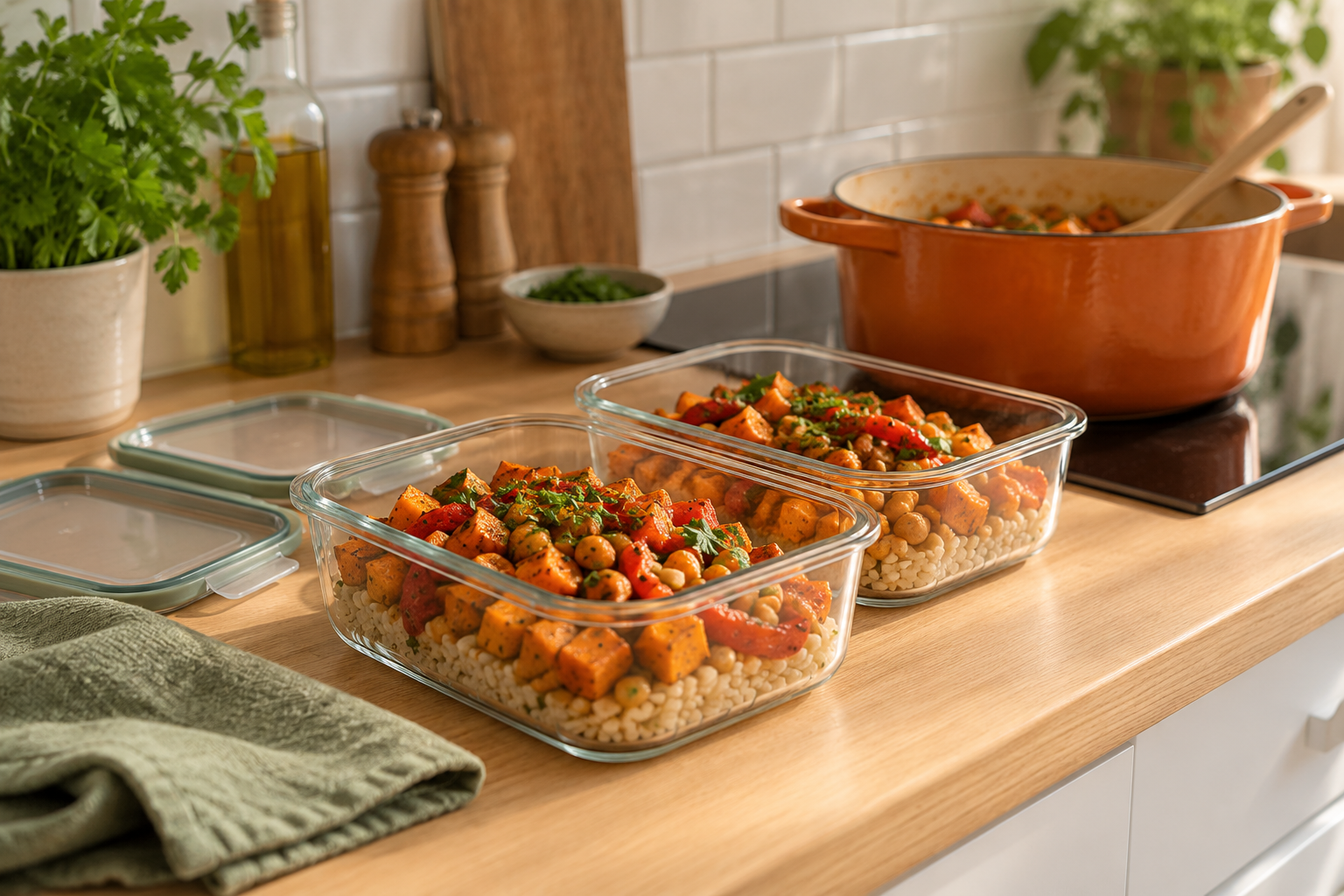 Two glass containers filled with a colourful home-cooked dish next to a pot on the hob, food prepared for two days
