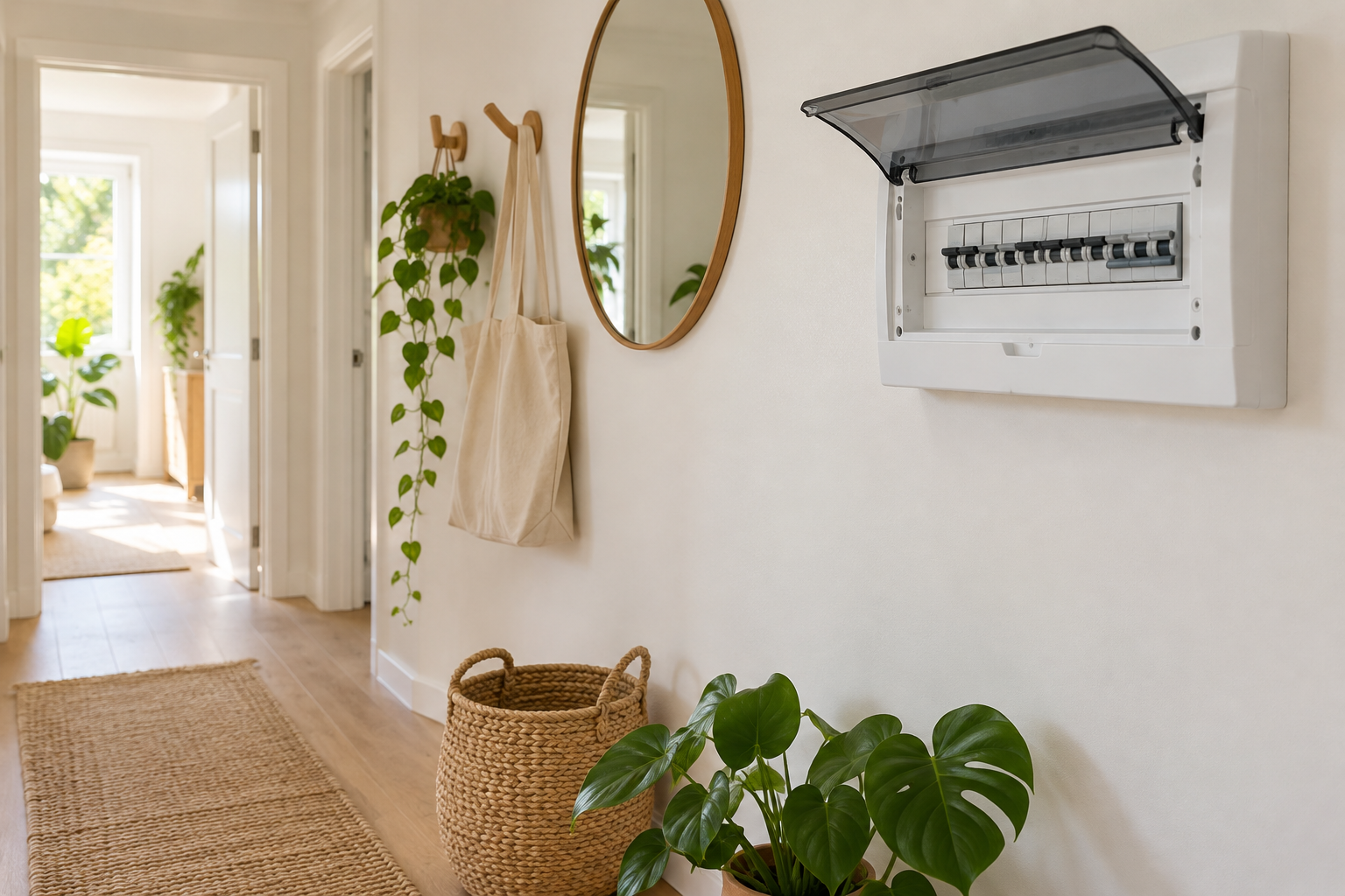 Modern white fuse box in a bright hallway with a tote bag and a plant
