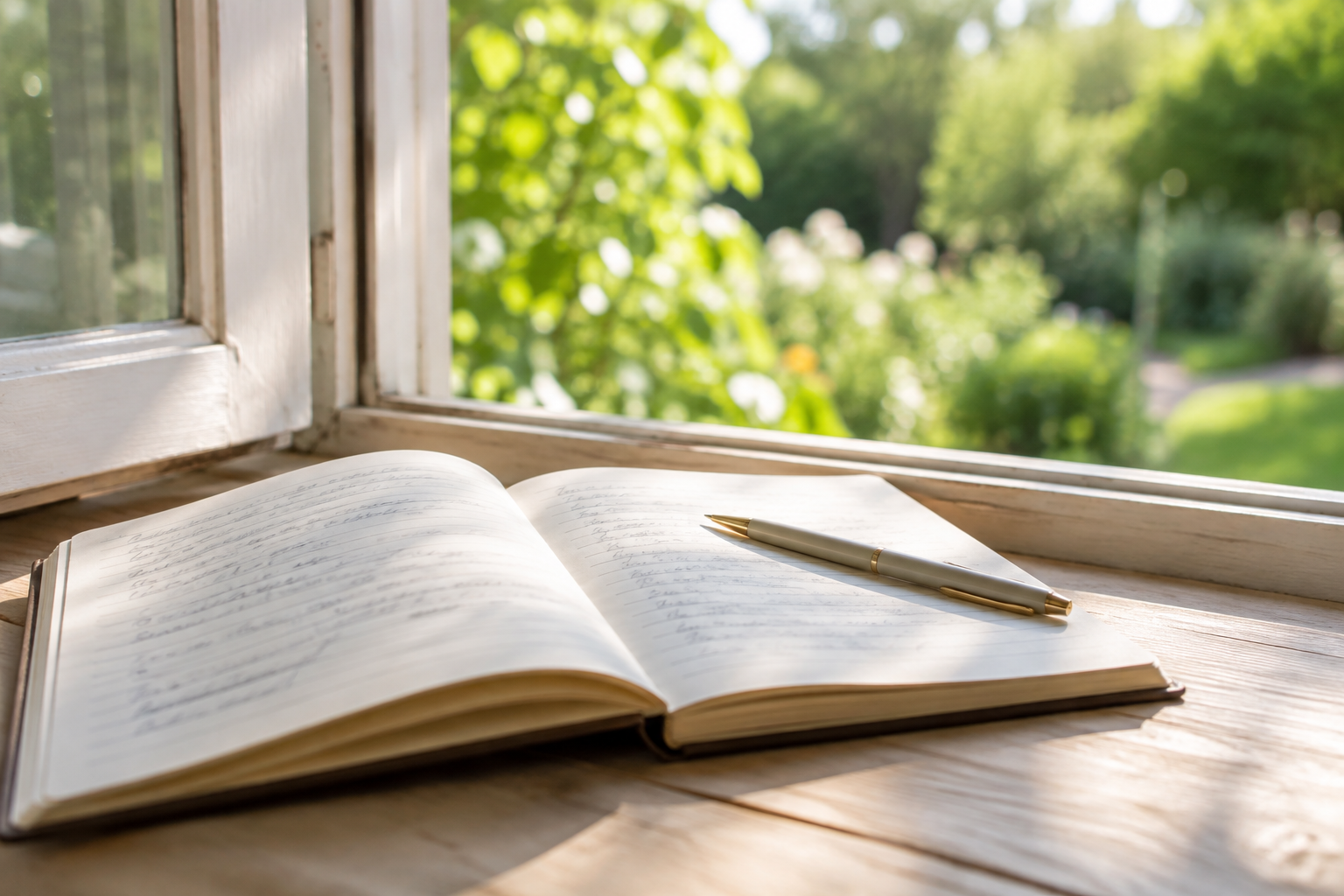 A tarot card tucked into an open notebook on a sunny windowsill.