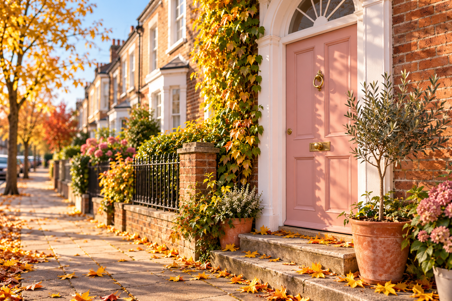 A hand holding a phone to photograph a colourful front door on a quiet street