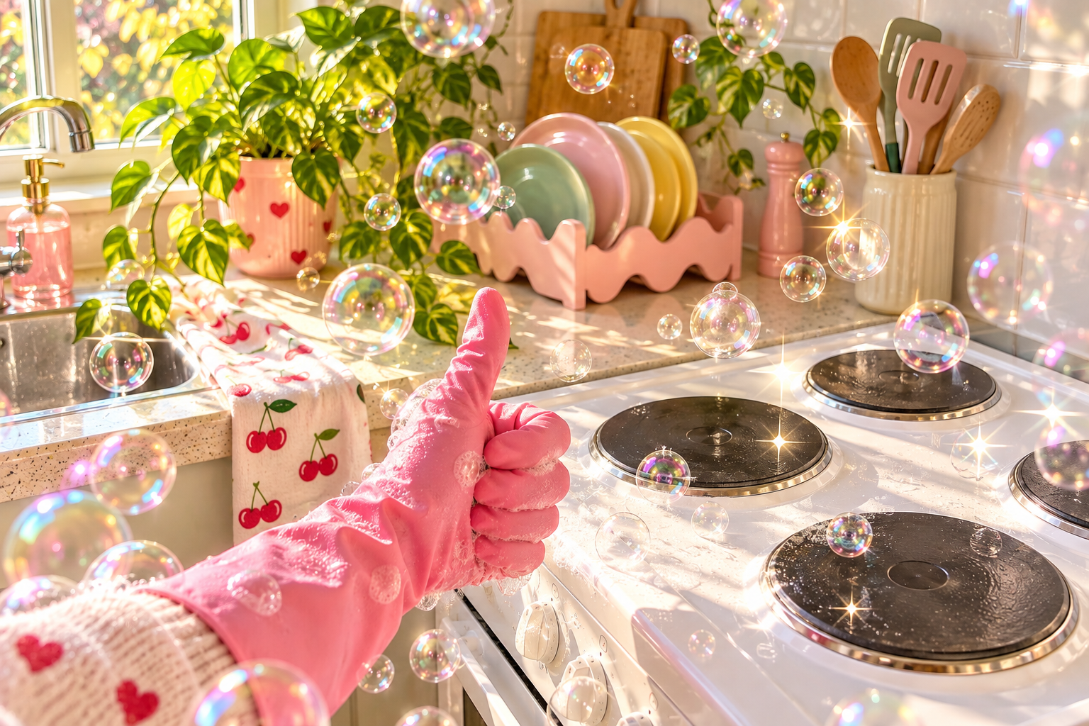 A hand in a pink rubber glove giving a thumbs up next to a sparkling clean hob in a sunny kitchen