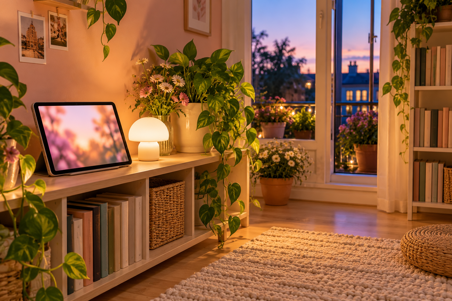 A small studio flat in the evening with a tablet playing on a shelf, a glowing mushroom lamp, a soft rug and a bookcase against the wall