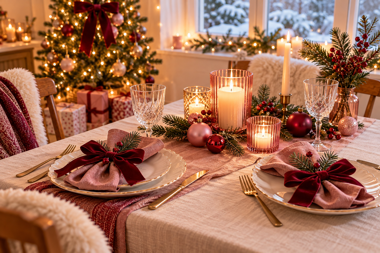 Festive Christmas table with candles and burgundy decorations
