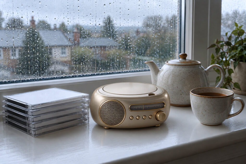 CD player and teapot on a windowsill on a quiet Saturday morning