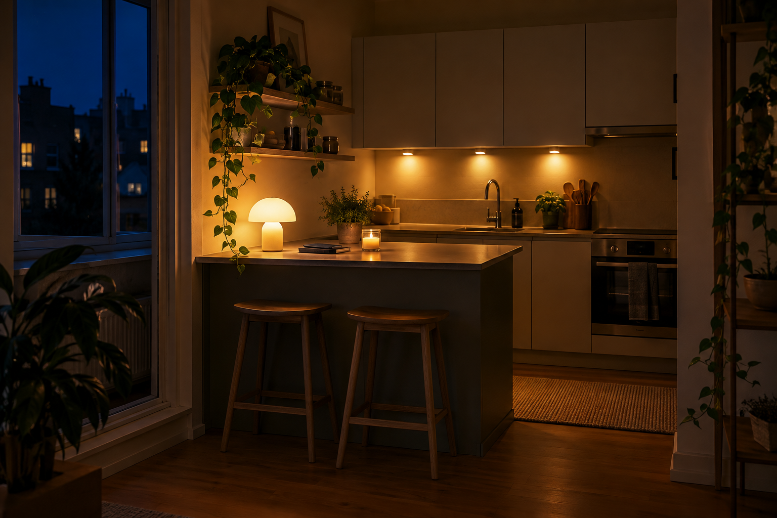 Rechargeable lamp, small lights and a candle glowing in a cosy kitchen during a power cut