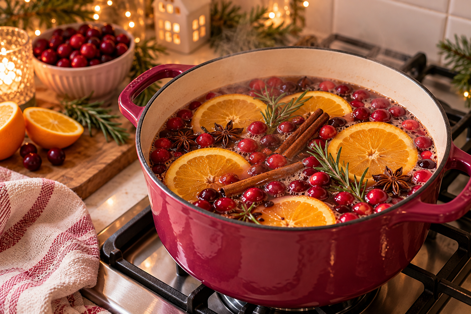 Christmas simmer pot with oranges, cranberries, cinnamon and star anise