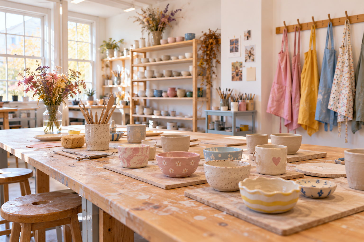 A bright pottery class studio with small handmade clay bowls drying on a long wooden table and colourful aprons hanging on hooks