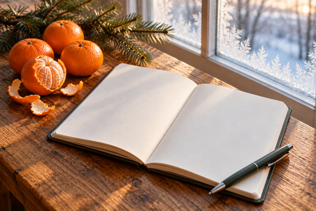 Open blank notebook and pen on a table by a winter window between Christmas and New Year