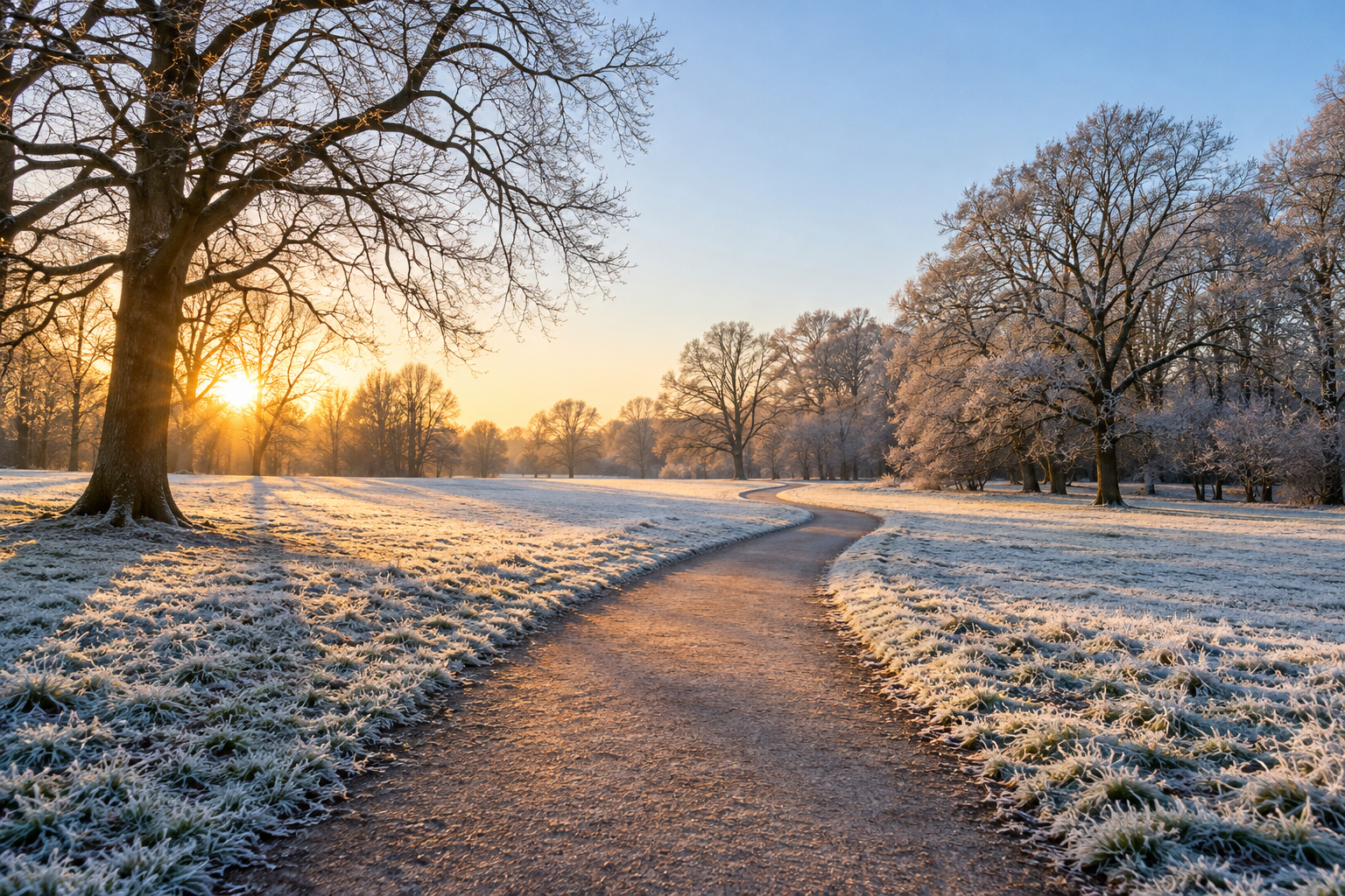 Frosty path through a quiet park on a bright January morning