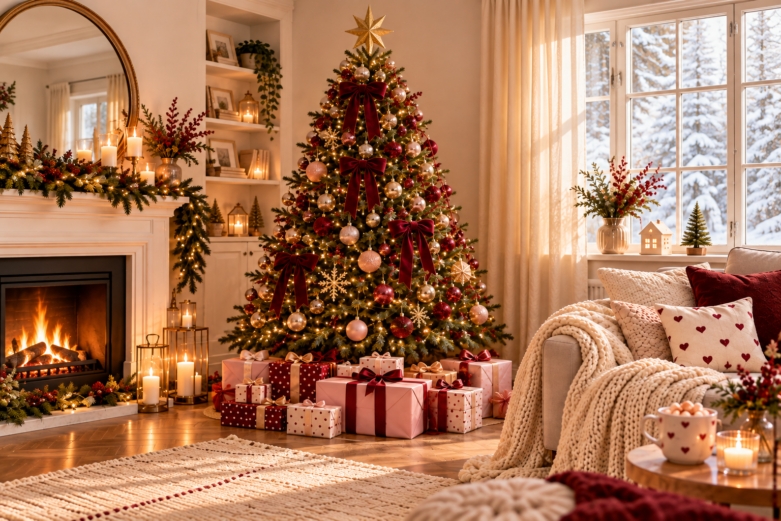 Cosy Christmas living room with a burgundy-decorated tree and wrapped gifts