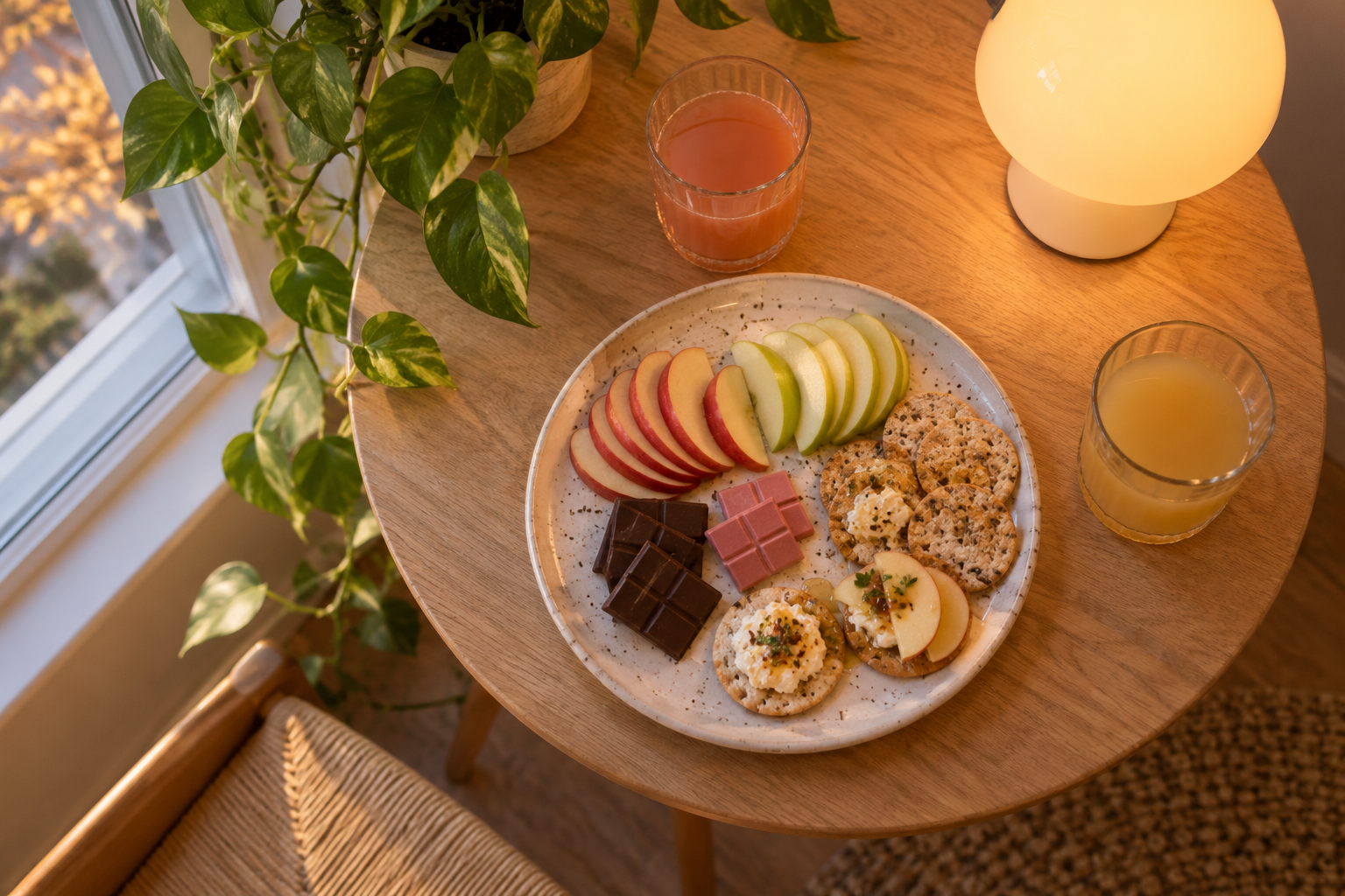 A small tasting plate of apple slices, chocolate and crackers with two small glasses of juice on a table