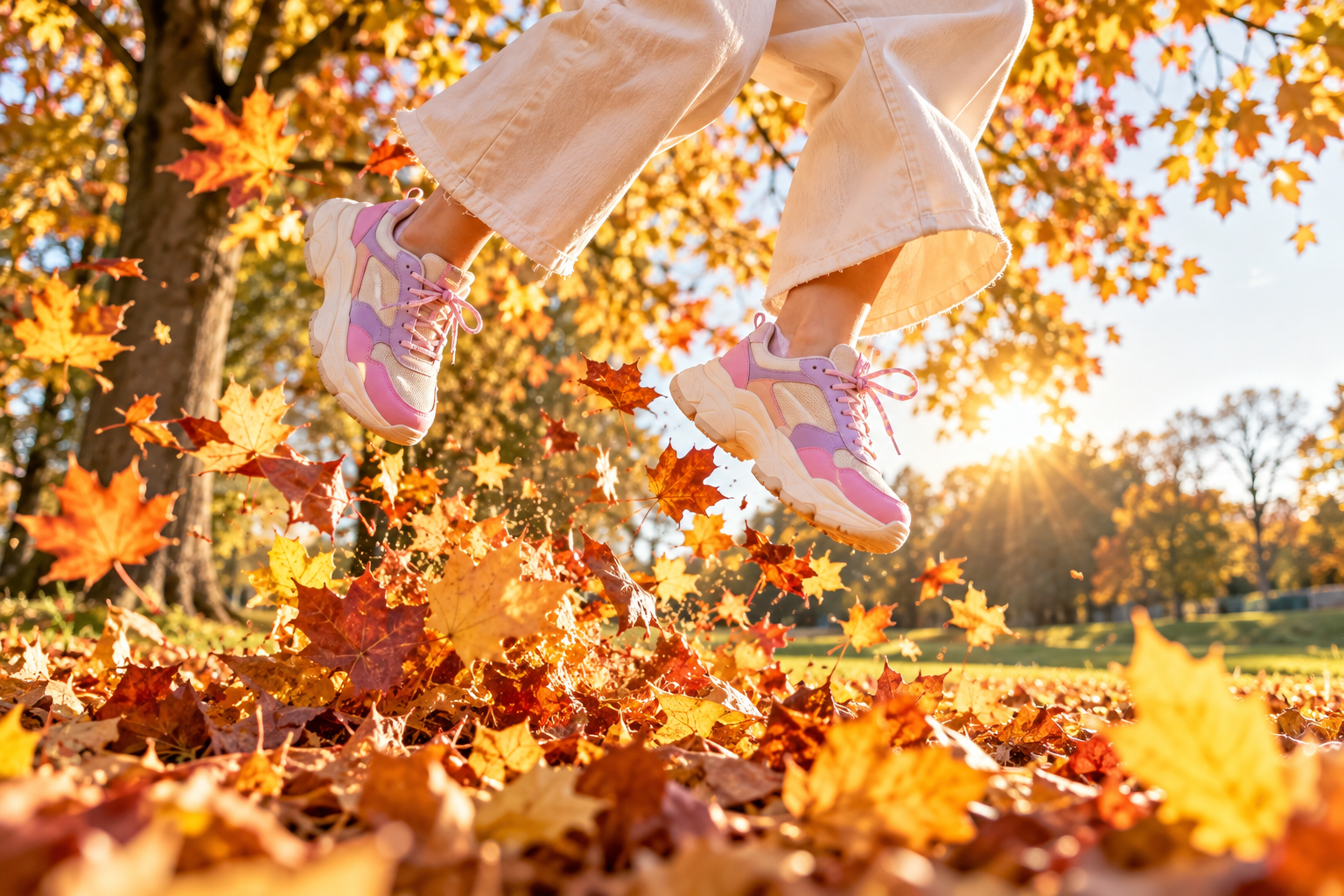 A young woman in colourful trainers jumping through autumn leaves in a park