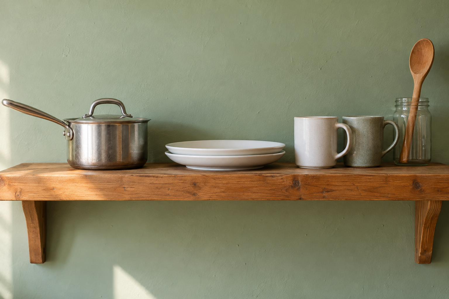 Small saucepan, two plates and two mugs on a kitchen shelf