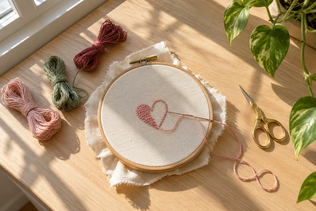 Embroidery hoop with a half-stitched pink heart and coloured threads on a light wood desk