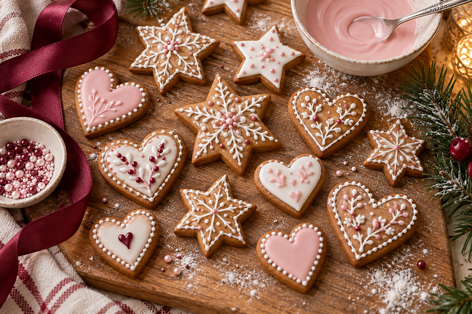 Pink and white iced Christmas biscuits shaped like hearts and stars