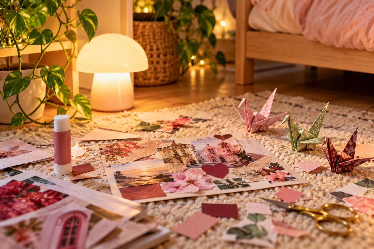 Magazine collage in progress and pastel paper cranes on a rug under a mushroom lamp