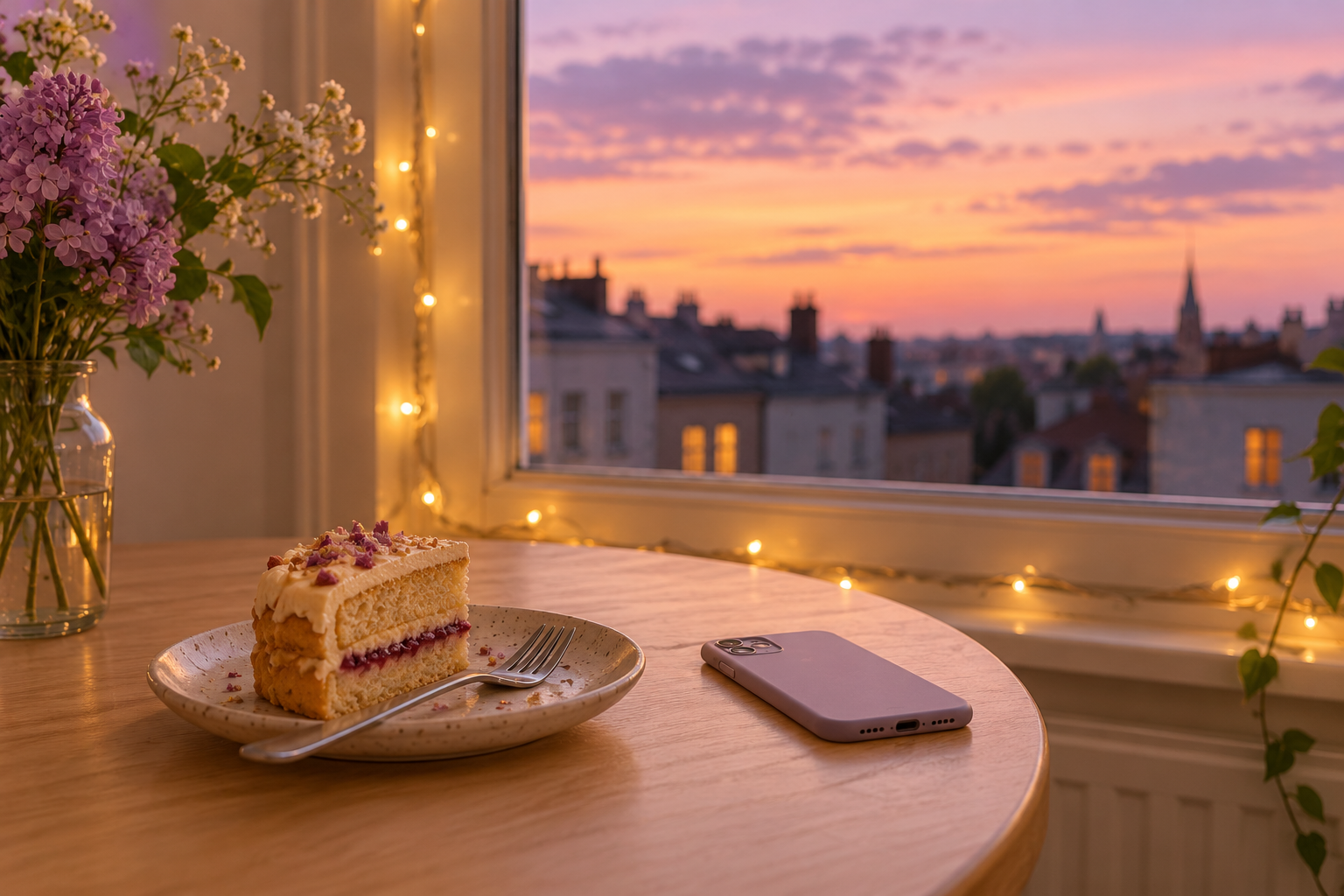 A slice of homemade cake and a phone on a small table by the window on a Sunday evening, with fairy lights and a lilac dusk sky