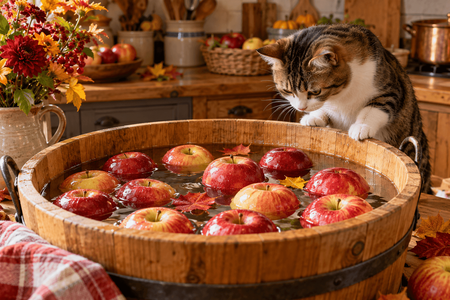 A wooden tub of water with floating red apples and a curious cat peering in