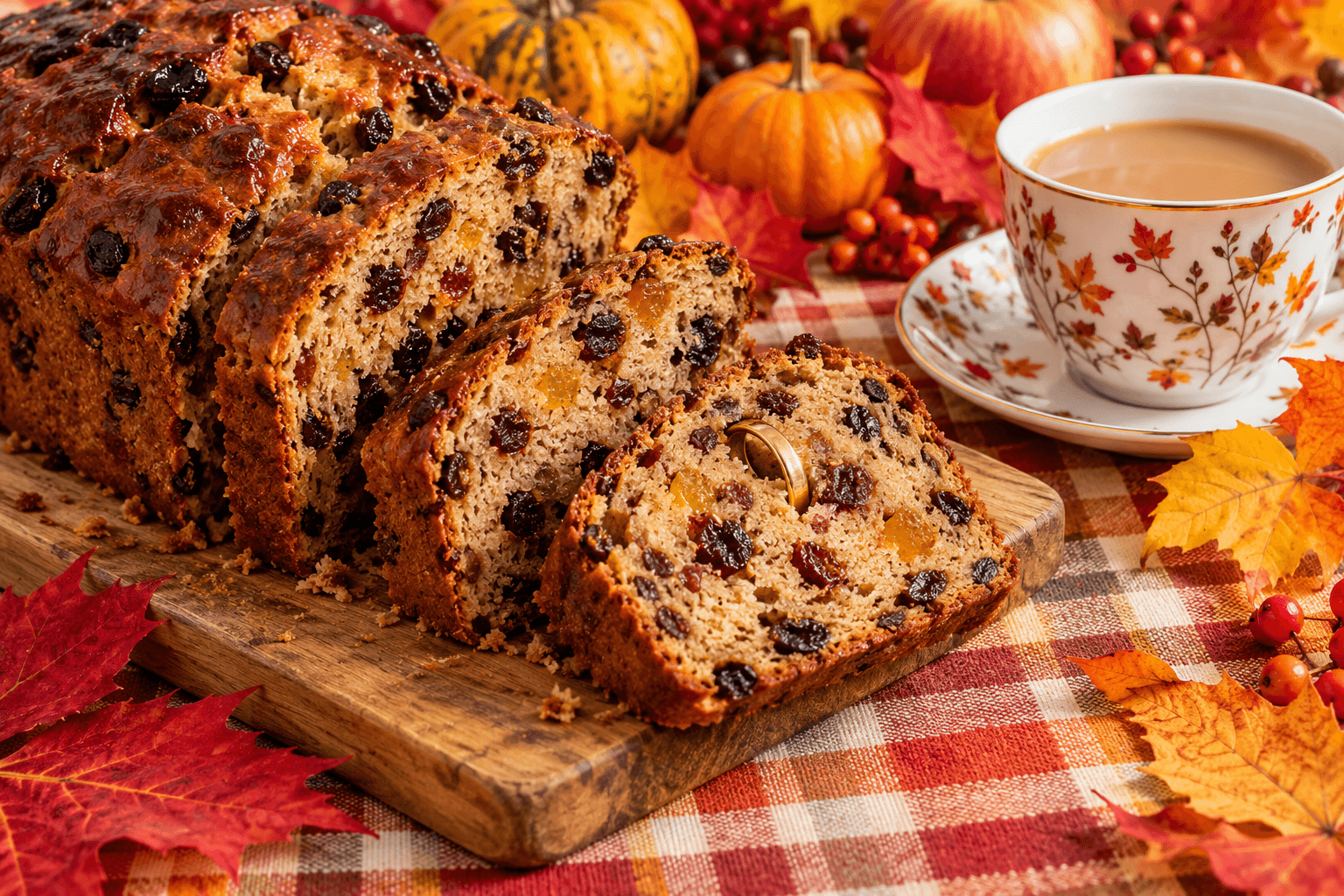 Sliced barmbrack fruit bread with a little gold ring peeking out, a cup of tea and autumn leaves