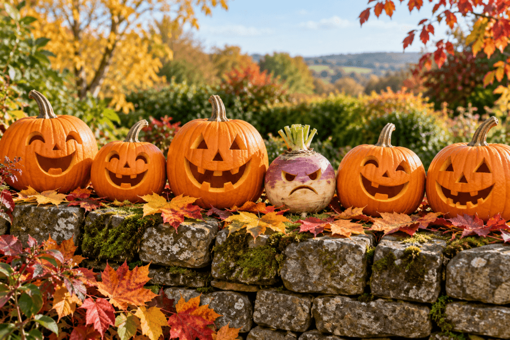 Carved pumpkins and one grumpy-looking carved turnip lined up on a garden wall among autumn leaves