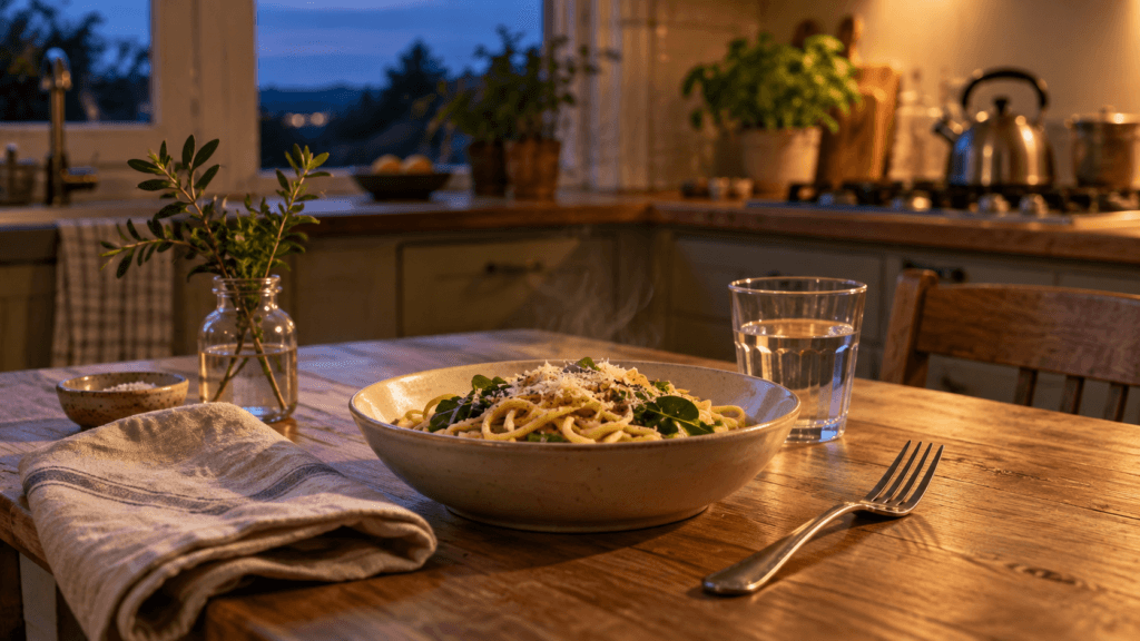 A simple dinner for one at a kitchen table on a slow evening after work