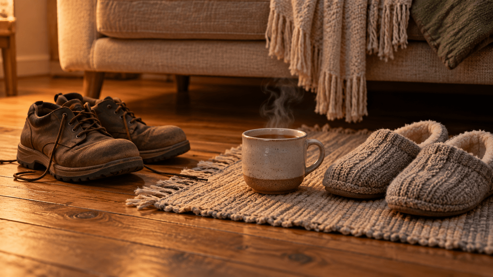 Work shoes kicked off beside cosy slippers and a mug of tea at the end of a long day