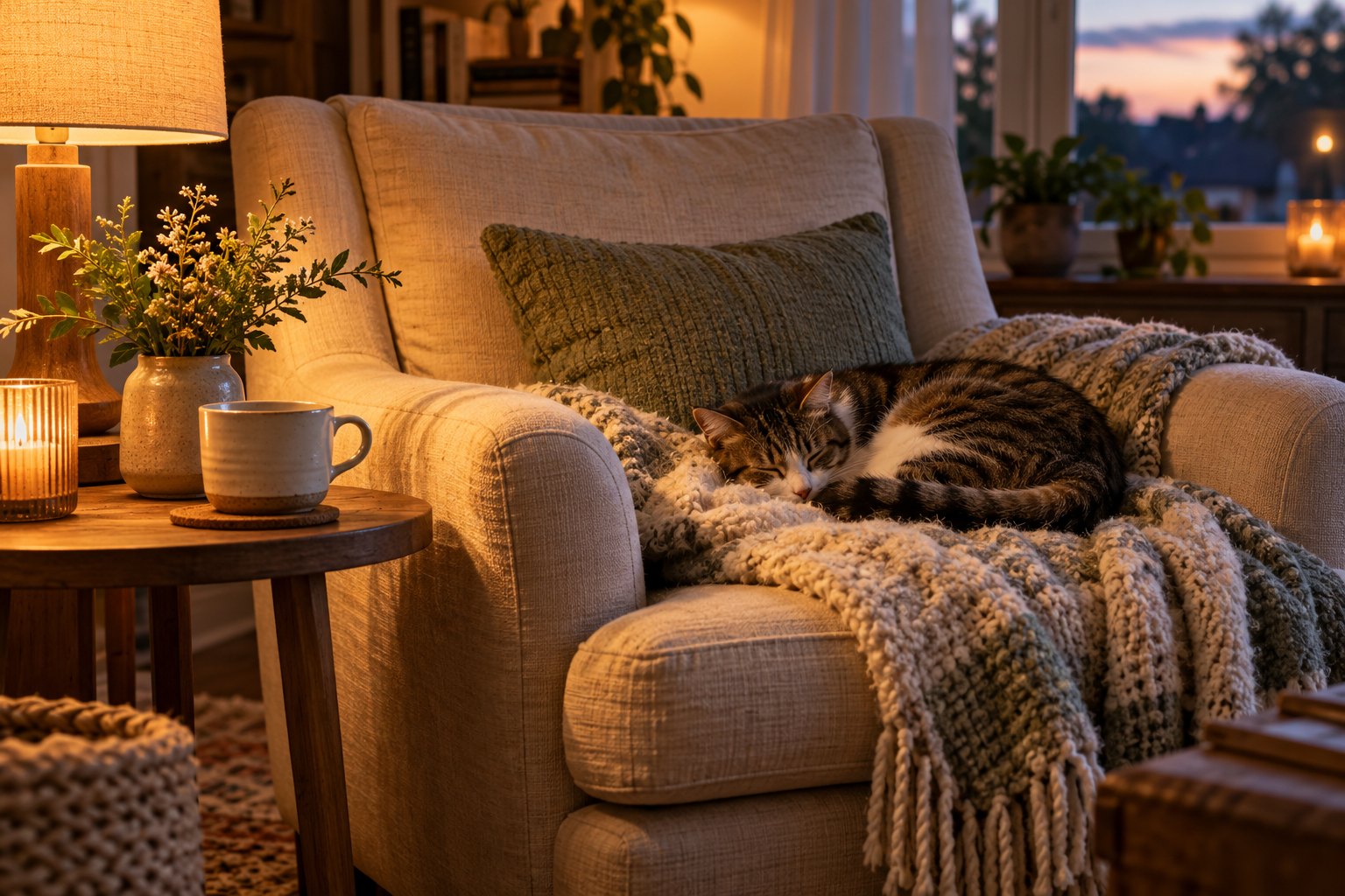 A cat curled on a blanket beside a mug of tea in a warm, lamp-lit living room