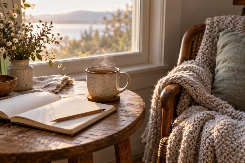 A cup of tea by a softly lit window with an open notebook, a simple slow living moment for beginners